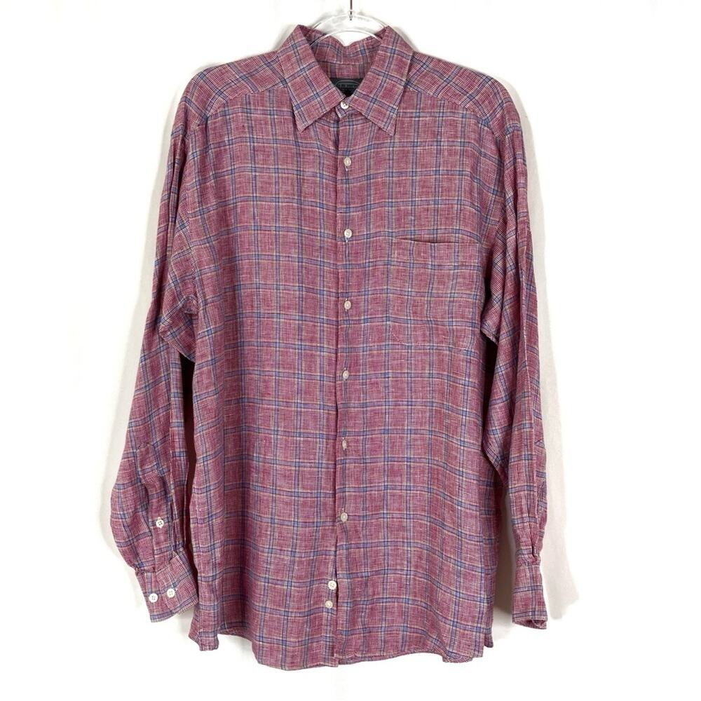 Talbots Vintage Plaid Button Up Shirt Red Blue 100% Linen Mens Medium
